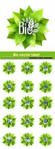  Bio label, vector badge with green leaves 